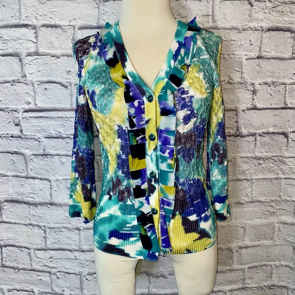 St John. Watercolor Button Up Cardigan in Blues, Yellow, Green. Size XS. - Picture 1 of 12